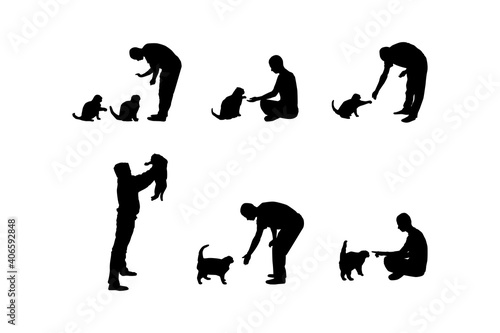 A set of people in different poses on a white background. Black silhouettes of guy isolated on white background.