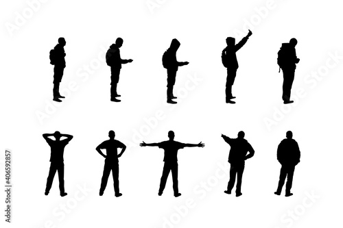 A set of people in different poses on a white background. Black silhouettes of guy isolated on white background.