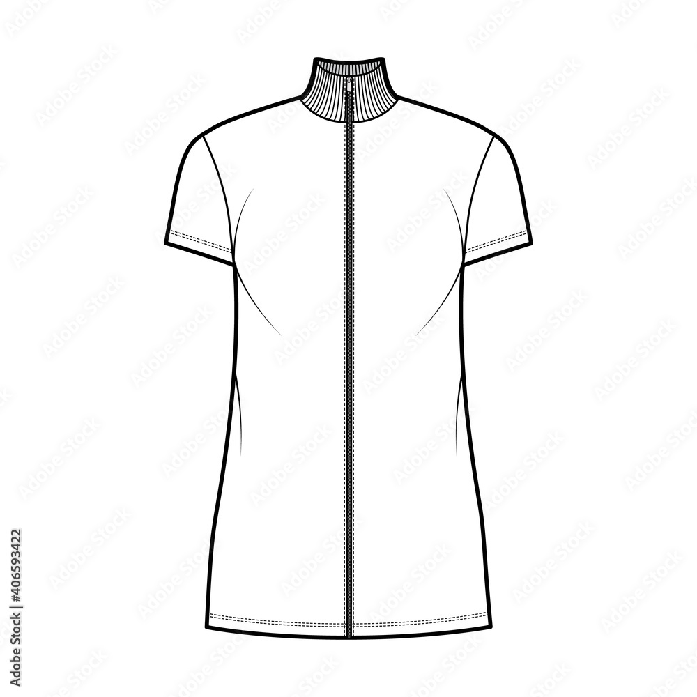 Turtleneck zip-up dress technical fashion illustration with short sleeves, mini length, oversized body, Pencil fullness. Flat apparel template front, white color. Women, men, unisex CAD mockup Turtleneck zip-up dress technical fashion illustration with short sleeves, mini length, oversized body, Pencil fullness. Flat apparel template front, white color. Women, men, unisex CAD mockup