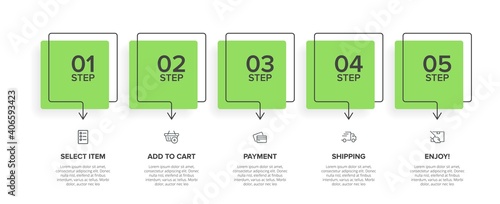 Concept of shopping process with 5 successive steps. Five colorful graphic elements. Timeline design for brochure, presentation, web site. Infographic design layout.