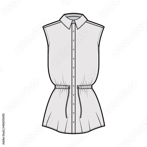 Shirt drawstring gathered waist technical fashion illustration with tie, sleeveless, tunic length, classic collar. Flat apparel top outwear template front, grey color. Women men unisex CAD mockup