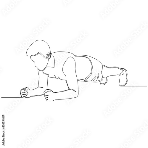Continuous drawing line of full length man planking. planking exercise vector.