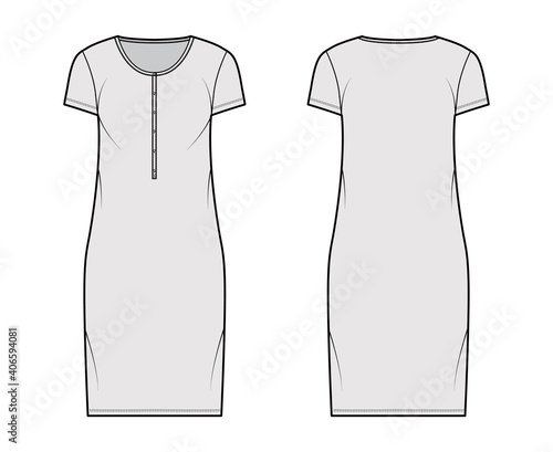 Shirt dress technical fashion illustration with henley neck, short sleeves, knee length, oversized, Pencil fullness. Flat apparel template front, back, grey color. Women, men, unisex CAD mockup