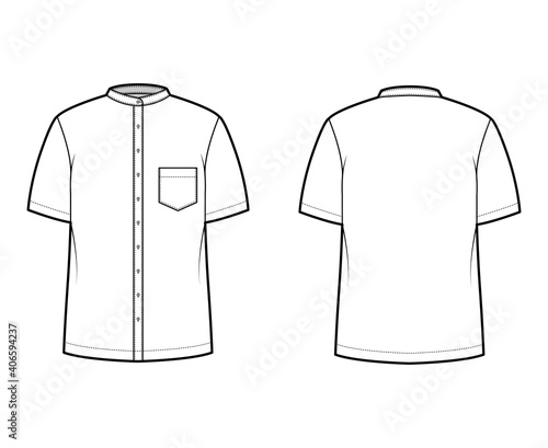 Shirt nehru collar technical fashion illustration with short sleeves, angled pocket, mandarin neck. Flat indian jacket apparel outwear template front, back, white color. Women men unisex CAD mockup