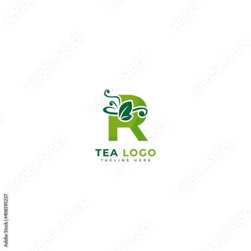 Initial letter R tea logotype. Minimalist tea leaves logo concept, fit for cafe, restaurant, packaging and natural drinks. Illustration vector logo.