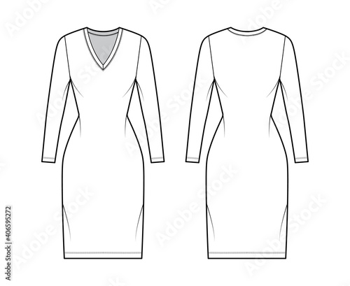 T-shirt dress technical fashion illustration with V-neck, long sleeves, knee length, fitted body, Pencil fullness. Flat apparel template front, back, white color. Women, men, unisex CAD mockup