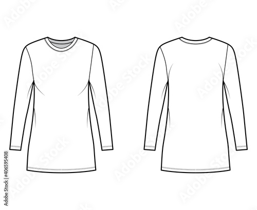 T-shirt dress technical fashion illustration with crew neck, long sleeves, mini length, oversized, Pencil fullness. Flat apparel template front, back, white color. Women, men, unisex CAD mockup