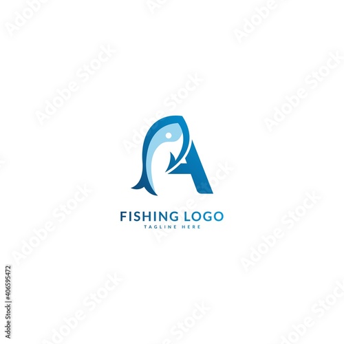 Initial letter A logotype. Minimalist fish logo concept, fit for fishing, seafood restaurant, packaging or ocean traveling. Illustration vector logo.