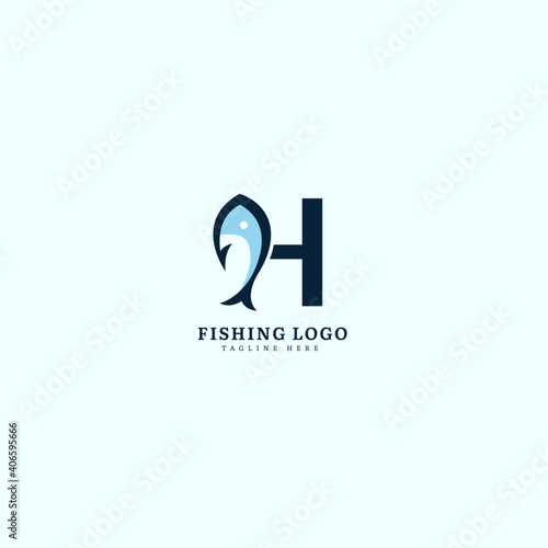 Initial letter H logotype. Minimalist fish logo concept, fit for fishing, seafood restaurant, packaging or ocean traveling. Illustration vector logo.