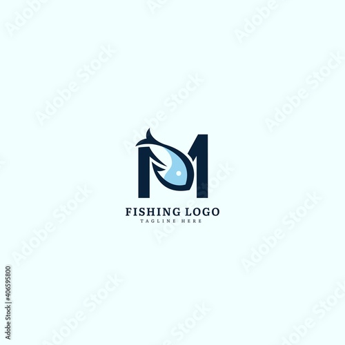 Initial letter M logotype. Minimalist fish logo concept, fit for fishing, seafood restaurant, packaging or ocean traveling. Illustration vector logo.