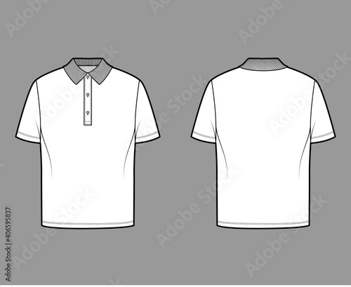 Shirt polo technical fashion illustration with short sleeves, tunic length, henley neck, oversized, flat knit collar. Apparel top outwear template front, back, white color. Women men unisex CAD mockup