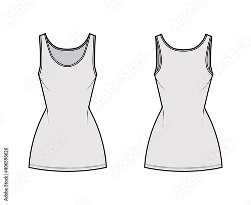 Tank dress technical fashion illustration with scoop neck, straps, mini length, fitted body, Pencil fullness. Flat apparel template front, back, grey color. Women, men, unisex CAD mockup