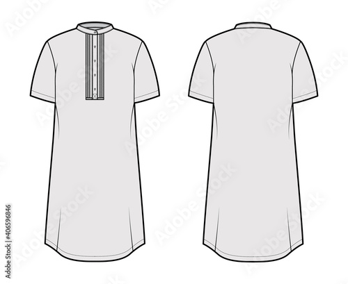 Shirt kurta technical fashion illustration with short sleeves, embellished henley neck. Flat indian shalwar qameez tunic apparel outwear template front, back, grey color. Women men unisex CAD mockup