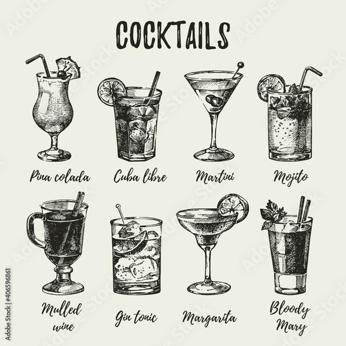 Hand drawn sketch set of alcoholic cocktails. Vintage vector illustration