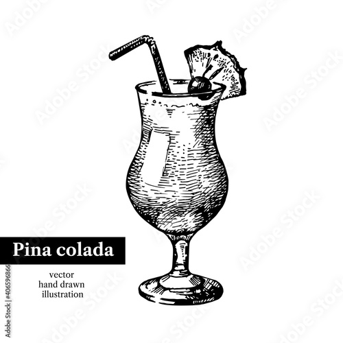 Hand drawn sketch cocktail pina colada vintage isolated object. Vector illustration