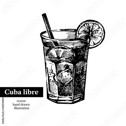Hand drawn sketch cocktail cuba libre vintage isolated object. Vector illustration