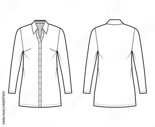 Shirt dress technical fashion illustration with classic regular collar, mini length, oversized body, Pencil fullness, button up. Flat apparel template front, back, white color. Women, men CAD mockup