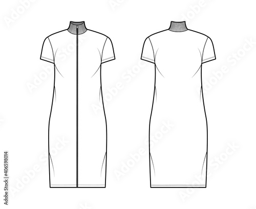 Turtleneck zip-up dress technical fashion illustration with short sleeves, knee length, oversized body, Pencil fullness. Flat apparel template front, back, white color. Women, men, unisex CAD mockup
