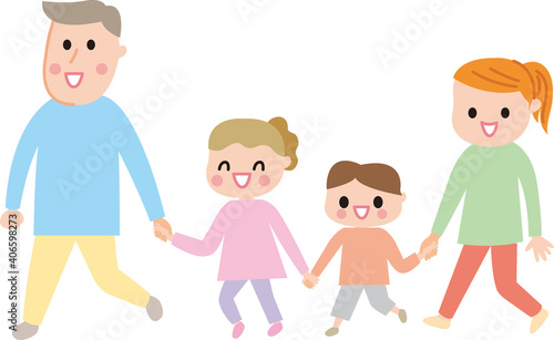 手をつないで散歩する4人家族