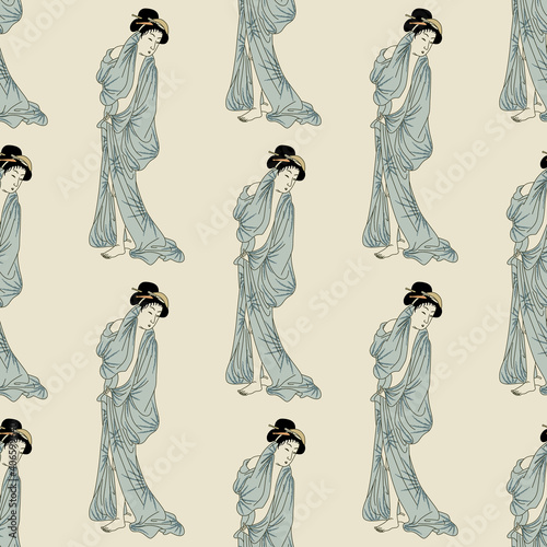 Seamless geometrical pattern with elegant Japanese women in kimono. Vintage traditional style.