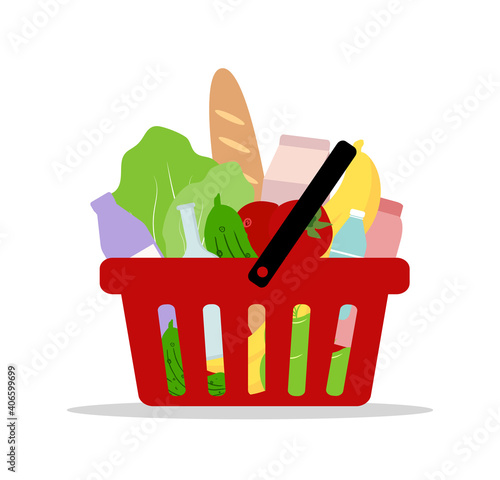 Shopping cart. Set of food products inside of red basket. Grocery delivery. Modern vector illustration in flat cartoon style.