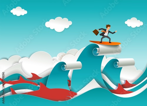 Businessman with briefcase accompanied by predatory shark fish surfing ocean waves. Vector illustration in paper art craft style. Challenge, business competitors concept.