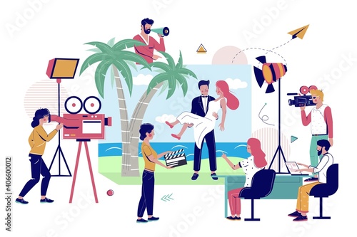 Music clip production, flat vector illustration. Camera crew shooting clip with happy couple on beach. Videography, short video film making, movie production.