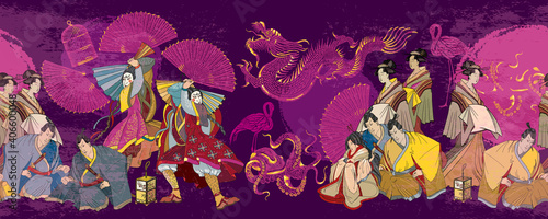 Japanese horizontal seamless pattern. Medieval ancient Japan background. Dragon, sun, samurai and geishas. Classical engraving art. Asian culture. Oriental art. Kabuki actors