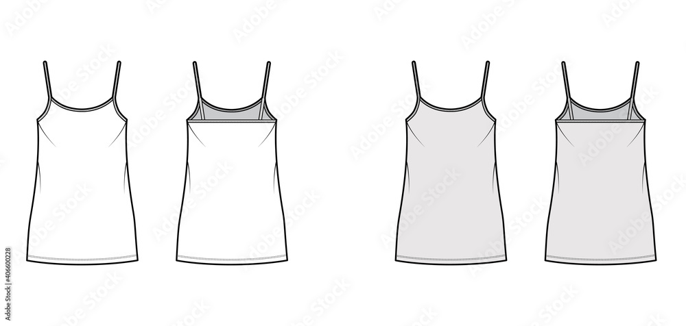 Camisole dress technical fashion illustration with scoop neck, straps, mini length, oversized body, Pencil fullness. Flat apparel template front, back, white, grey color. Women, men, unisex CAD mockup Camisole dress technical fashion illustration with scoop neck, straps, mini length, oversized body, Pencil fullness. Flat apparel template front, back, white, grey color. Women, men, unisex CAD mockup