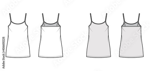 Camisole dress technical fashion illustration with scoop neck, straps, mini length, oversized body, Pencil fullness. Flat apparel template front, back, white, grey color. Women, men, unisex CAD mockup