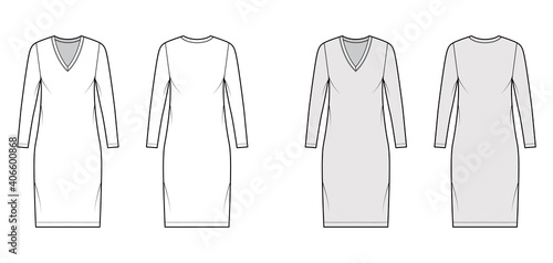 T-shirt dress technical fashion illustration with V-neck, long sleeves, knee length, oversized body, Pencil fullness. Flat apparel template front, back, white, grey color. Women, men unisex CAD mockup