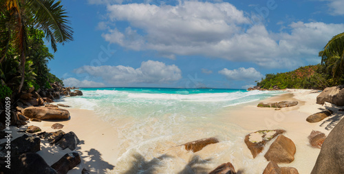 Panoramic views of Anse Georgette on the west coast of Praslin Island in the Seychelles 