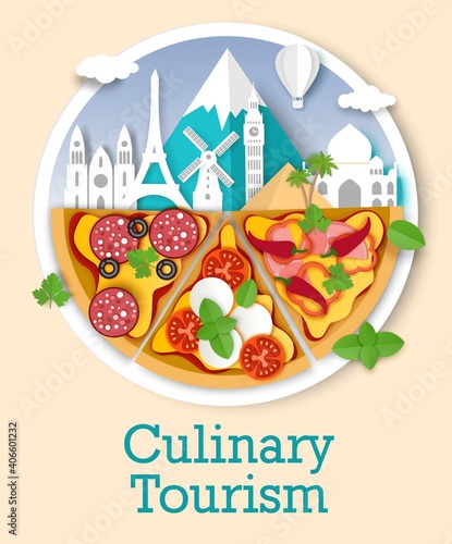Culinary tourism vector poster, banner template. Paper cut style different types of pizza slices and world famous landmarks composition. Gastronomic tour. World cuisine. Culinary travel tours.