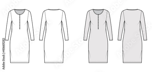 Shirt dress technical fashion illustration with henley neck, long sleeves, knee length, oversized, Pencil fullness. Flat apparel template front, back, white, grey color. Women, men, unisex CAD mockup