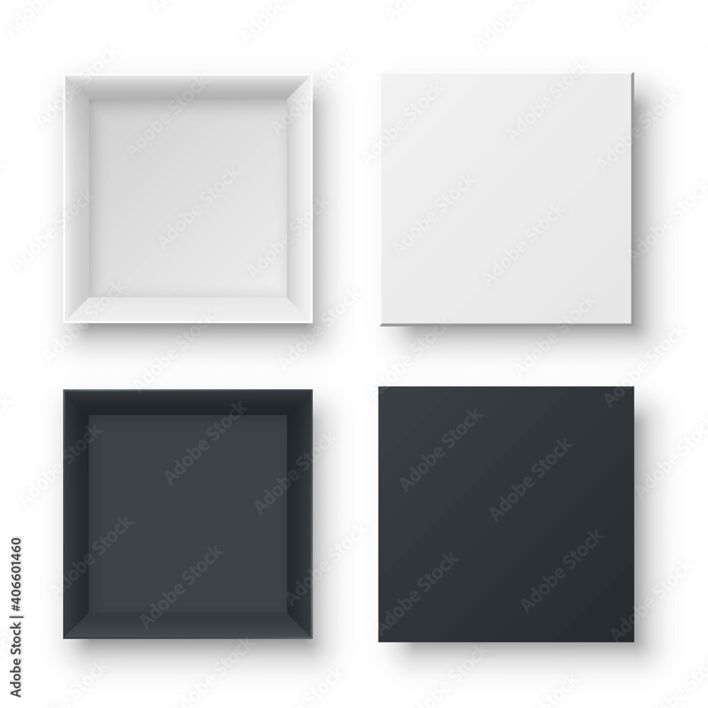 Realistic open empty gift boxes two view. Paper square cardboard white and black container mockups. Blank package models for wrapped product, present, surprise delivery. Objects isolated on white.