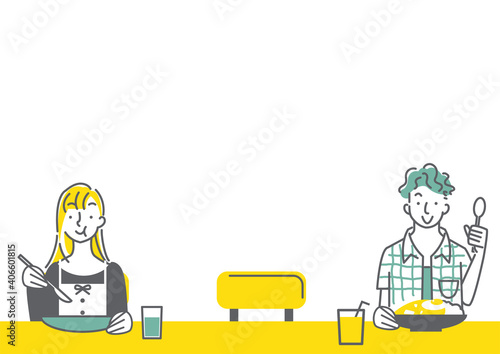 カフェでひとりで食事をする人のシンプルでおしゃれな線画のイラスト素材　個食の推奨
