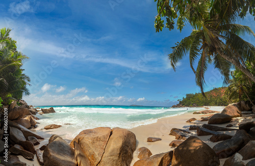 Panoramic views of Anse Georgette on the west coast of Praslin Island in the Seychelles 