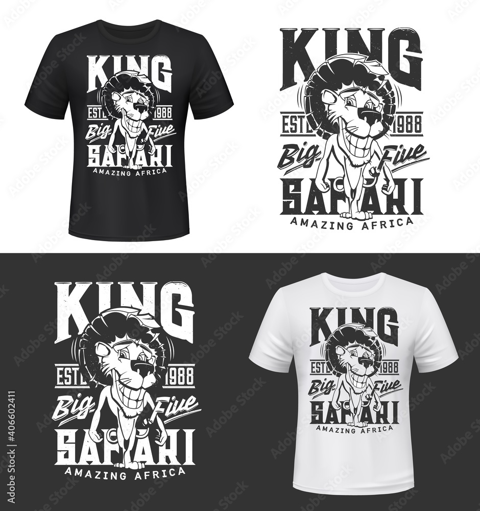 Lion animal vector print mockup of t-shirt for African safari hunting sport. King of animals cartoon character with funny face, custom apparel template with lettering of hunter club Lion animal vector print mockup of t-shirt for African safari hunting sport. King of animals cartoon character with funny face, custom apparel template with lettering of hunter club