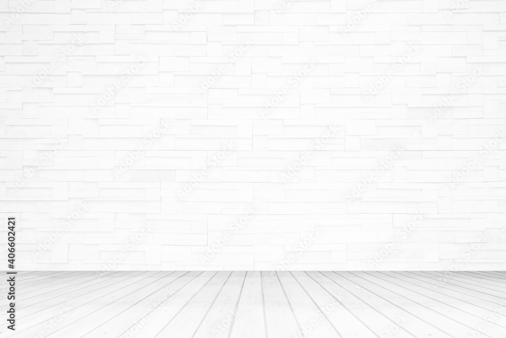 White Grunge Brick Room with Wooden Floor Background, Suitable for Presentation, Mock up, and Backdrop.