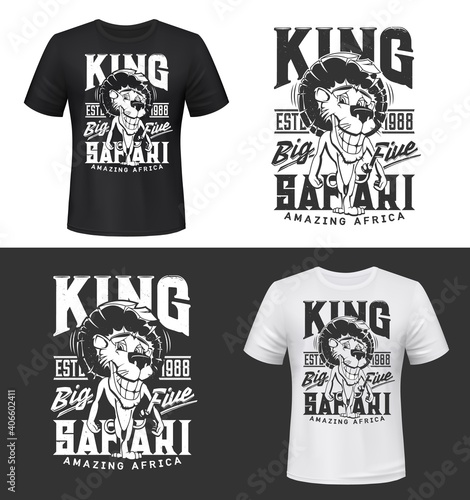 Lion animal vector print mockup of t-shirt for African safari hunting sport. King of animals cartoon character with funny face, custom apparel template with lettering of hunter club