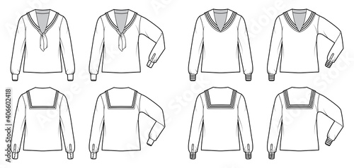 Set of shirts middy sailor suit technical fashion illustration with long sleeves with cuff, tunic length, oversized. Flat apparel top blouse template front, back, white color. Women unisex CAD mockup