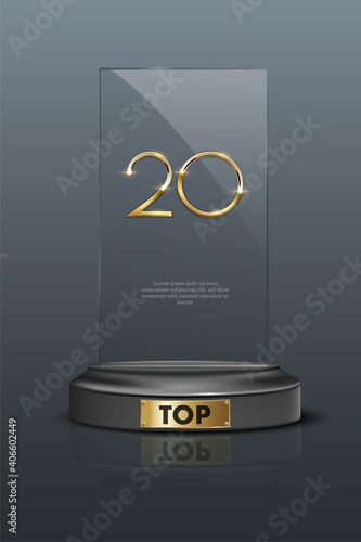 Top 20 award trophy. Glass rectangular prize with gold number twenty. Champion glory in competition vector illustration. Hollywood fame in film and cinema or championship in sport