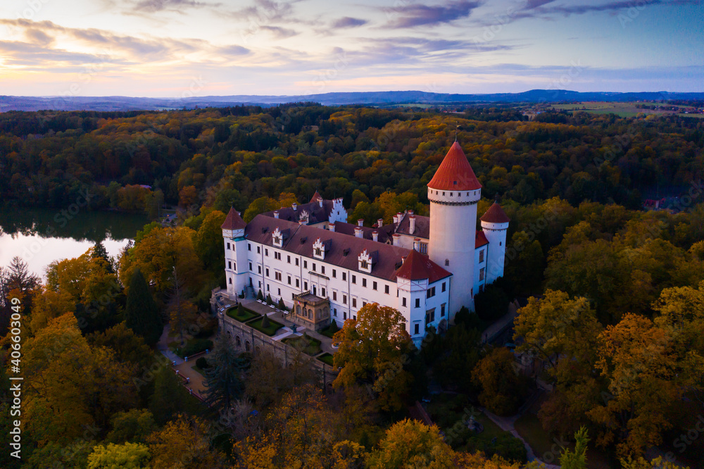 Fall view from drone of medieval Konopiste Castle at sunset, Czech Republic