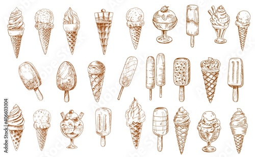 Ice cream sketch icons, isolated vector frozen creamy desserts, gelato icecream, wafer cone. Caramel eskimo or chocolate glaze sundae with nuts, whipped cream, fruit ice, vanilla scoops in glass bowl
