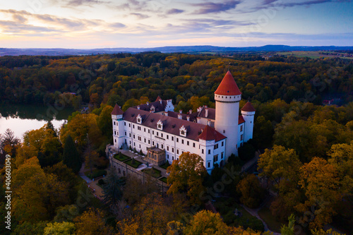 Fall view from drone of medieval Konopiste Castle at sunset  Czech Republic