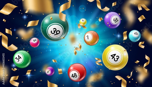 Lottery balls 3d vector bingo, lotto or keno gambling games. Gaming leisure activity recreation, lottery raffle, colourful spheres with lucky numbers of winning combination falling with gold confetti.