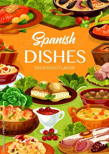 Spanish food cuisine menu, tapas and paella dish with seafood and fish, vector restaurant lunch meals. Spanish cuisine traditional food Andalusian paella, Asturian fabada and Catalan cream pastry