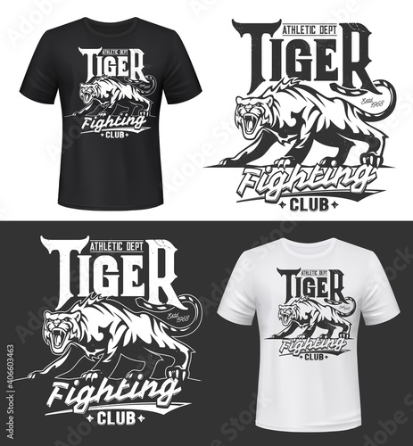 Tshirt print with tiger, roaring wild animal, fighting club vector mascot. Sport team symbol. Grinning tiger, wild cat crouched low on its haunches. Tattoo, talisman or t shirt apparel mockup emblem
