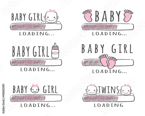 Progress bar with inscription - Baby Girl Loading collection in sketchy style. Vector illustration for t-shirt design, poster, card, baby shower decoration.