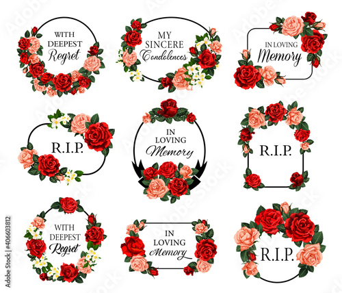 Funeral frames with red roses flowers and condolences. Obituary memorial vector frames with RIP rest in peace, in loving memory condolences and floral arrangements. Funereal cards engraving decoration
